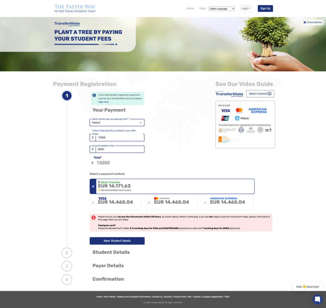 An screenshot of the TransferMate payment portal for students